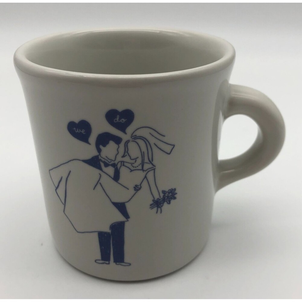 Fishs Eddy Jason Oranzo Coffee Tea Mug White Blue WE DO Marriage Wedding 8 oz
